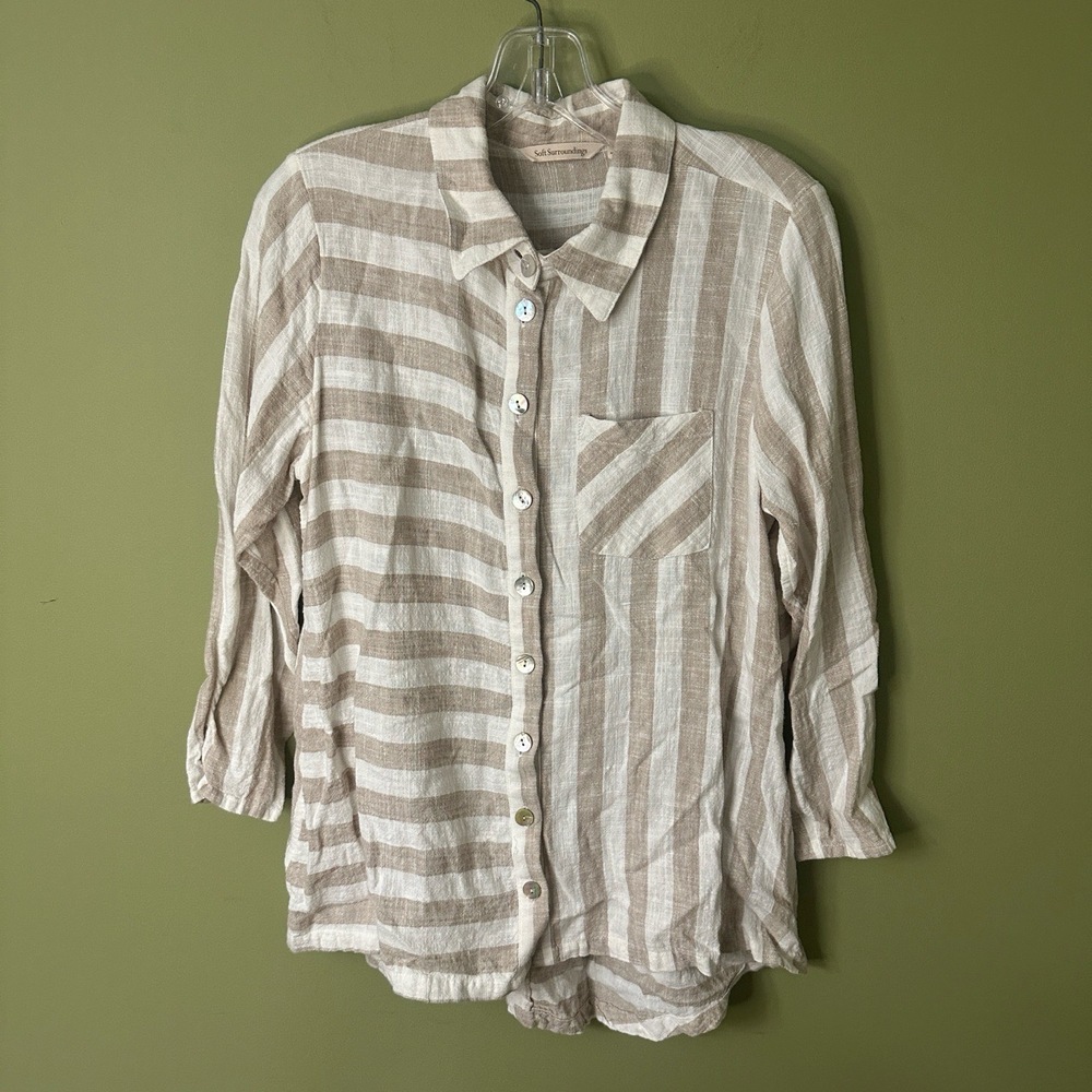Soft Surroundings Top Sz M Beige Striped Linen Blend Mixed Print Coastal Grandma